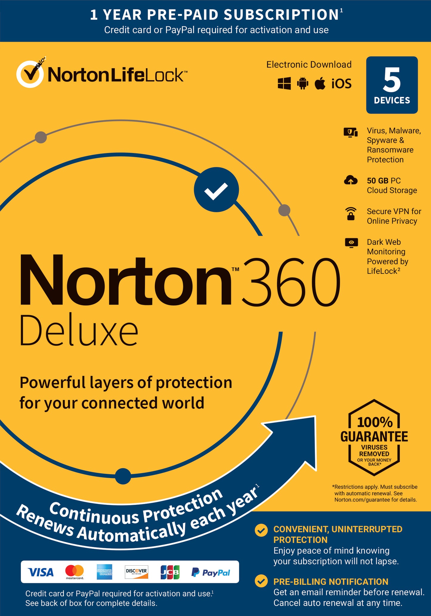 Norton 360 Deluxe  Antivirus Software for 5 Devices  1 Year Subscription  PC/Mac/iOS/Android [Card]