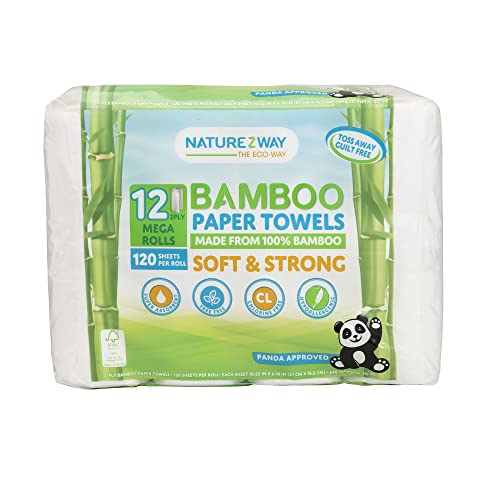 Naturezway Premium Quality Bamboo Disposable Paper Towels [12 MEGA ROLLS] 120 Sheets per Roll | Eco-Friendly | No Trees | Hypoallergenic, Lint-free, F