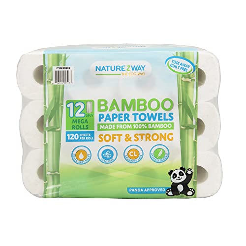 Naturezway Premium Quality Bamboo Disposable Paper Towels [12 MEGA ROLLS] 120 Sheets per Roll | Eco-Friendly | No Trees | Hypoallergenic, Lint-free, F