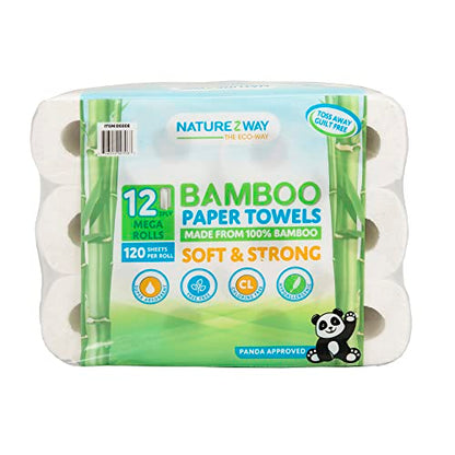 Naturezway Premium Quality Bamboo Disposable Paper Towels [12 MEGA ROLLS] 120 Sheets per Roll | Eco-Friendly | No Trees | Hypoallergenic, Lint-free, F