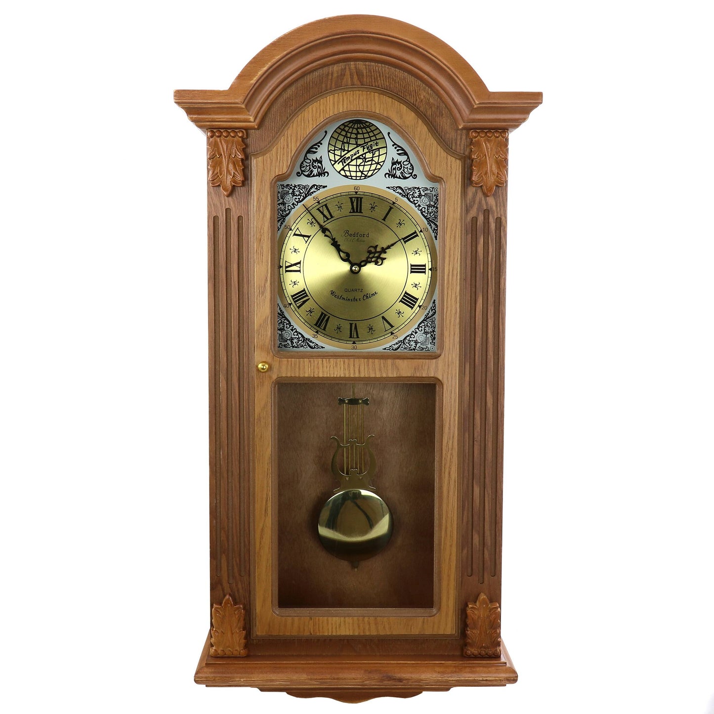 Bedford Clock Collection Honey Oak Chiming Pendulum Wall Clock, Brown